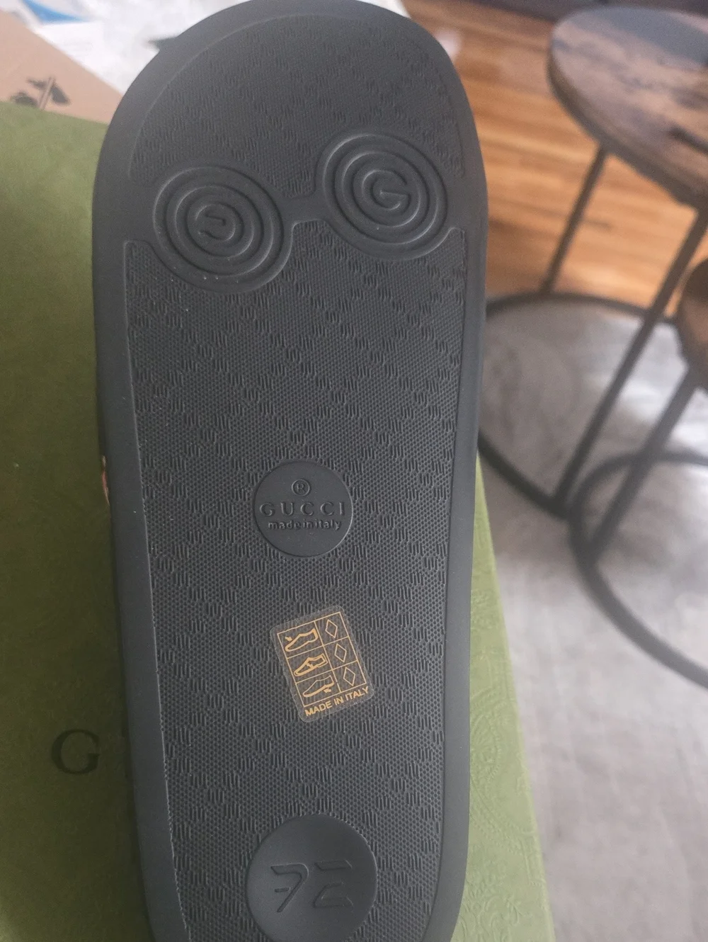 Gucci Black Slide Sandals with Red & Green Bee Print